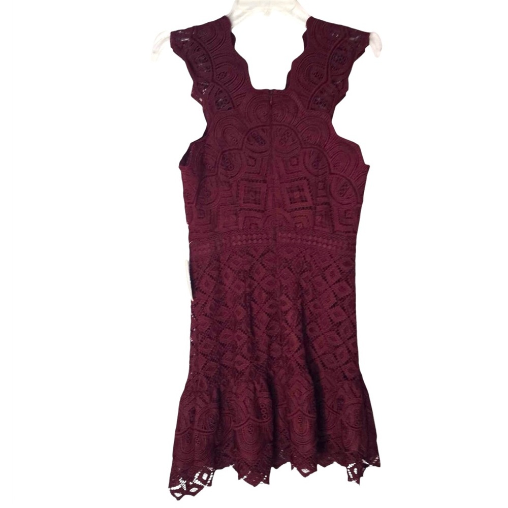 Reiss Burgundy Color Lace Delilah Ruffled Mini Dress Size 6 - Picture 2 of 11